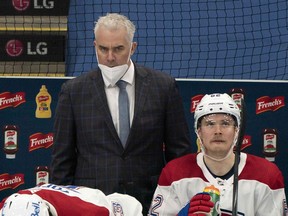 Montreal Canadiens head coach Dominique Ducharme looks on at the start of the third period against the Toronto Maple Leafs in game two of the first round of the 2021 Stanley Cup Playoff at Scotiabank Arena. Mandatory Credit: Nick Turchiaro-USA TODAY Sports