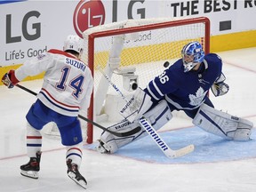 The Canadiens’ Nick Suzuki scores overtime goal against Maple Leafs goalie Jack Campbell for a 4-3 victory in Game 5 of first-round playoff series Thursday night in Toronto.