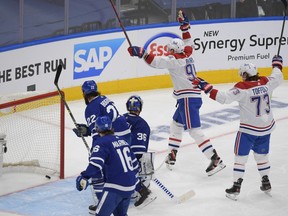 Canadiens forward Corey Perry (94) celebrates after scoring against the Toronto Maple Leafs in Game 7 of the first round of the 2021 Stanley Cup Playoffs at Scotiabank Arena in Toronto on Monday, May 31, 2021.