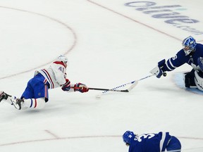 Montreal Canadiens forward Paul Byron scores the winning goal on Toronto Maple Leafs' Jack Campbell (36) during the third period of Game 1 at Scotiabank Arena in Toronto on May 20, 2021.