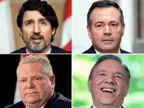 Prime Minister Justin Trudeau, Alberta Premier Jason Kenney and Ontario Premier Doug Ford have seen the sharpest decline in trust among voters, while Quebec Premier François Legault, bottom right, has seen a large increase in trust.