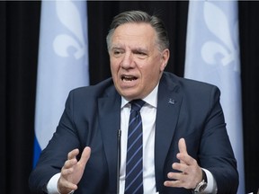 Quebec Premier François Legault speaks during a news conference after tabling Bill 96, Thursday, May 13, 2021 at the legislature in Quebec City.