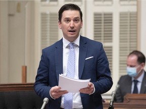Justice Minister Simon Jolin-Barrette, the minister responsible for language, presents Bill 96, which includes modifications to the Charter of the French Language, Thursday, May 13, 2021 at the legislature in Quebec City.