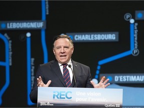 Quebec Premier François Legault announces the new public transportation network, including a tramway and a tunnel to connect Lévis to Quebec City, Monday, May 17, 2021 in Quebec City.