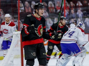 Ottawa Senators centre Shane Pinto (57) celebrates his first NHL goal against the Montreal Canadiens during the first period at the Canadian Tire Centre on Wednesday, May 5, 2021.
