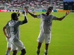 CF Montreal forward Bjorn Johnsen (9) celebrates his second goal of the game against Inter Miami CF during the first half at DRV PNK Stadium.