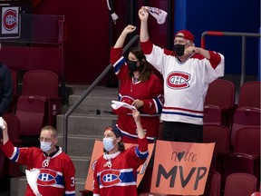 Canadiens fans celebrate at the Bell Centre after the Habs beat the Jets 5-1 in Game 3 to take a commanding lead in their playoff series. The Habs and their fans were hoping for a series sweep on Monday night when the Habs and Jets met for Game 4 at the Bell Centre.