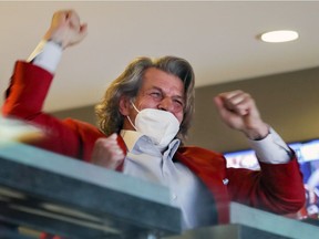 Canadiens GM Marc Bergevin celebrates after 3-2 overtime win over the Winnipeg Jets in Game 4 of North Division final to sweep the series and advance to the Stanley Cup semifinals.