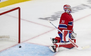Carey Price reacts after shot by Winnipeg Jets Logan Stanley beat him for a goal during second period in Montreal Monday, June 7, 2021.