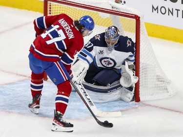 Josh Anderson was all alone in front of Winnipeg Jets' Connor Hellebuyck but shot the puck wide of the net during second period in Montreal Monday, June 7, 2021.