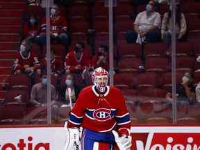 Montreal Canadiens goaltender Carey Price (31) heads to his crease in front of only 2,500 fans during Game 4 of the Canadiens-Jets playoff series on Monday, June 7, 2021.