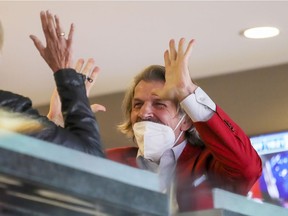 Montreal Canadiens general manager Marc Bergevin celebrates his team's series win against the Winnipeg Jets during overtime in Montreal on June 7, 2021.