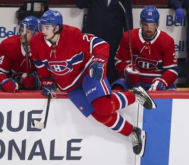 Defenceman Alexander Romanov hops over the boards for his first shift in the post-season during first-period action in Montreal on Monday, June 7, 2021.