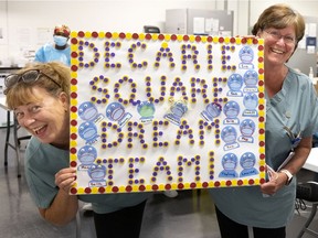Best friends Donna-Sue Kernohan and Ann Stirling decorated a drab, windowless room at a COVID-19 vaccination centre and have motivated co-workers by dubbing them the "Décarie Square Dream Team."