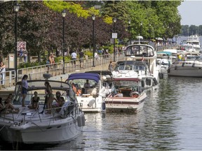 Boats are tied up near the lock in Ste-Anne-de-Bellevue.