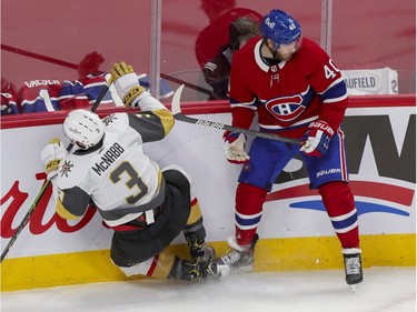 Canadiens' Joel Armia earns a boarding penalty for hit on Vegas Golden Knights' Brayden McNabb during the first period of the National Hockey League playoff game in Montreal on Friday, June 18, 2021.