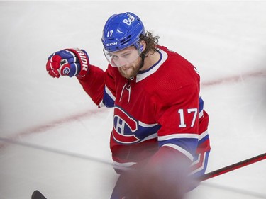 Canadiens' Josh Anderson celebrates his goal to tie the game against the Vegas Golden Knights during the third period of a National Hockey League playoff game in Montreal on Friday, June 18, 2021.