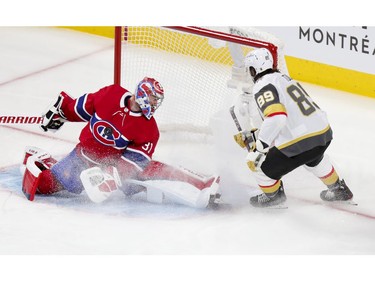 Canadiens' Carey Price does the splits to make save on a shot by Golden Knights' Alex Tuch during the third period Friday night at the Bell Centre.