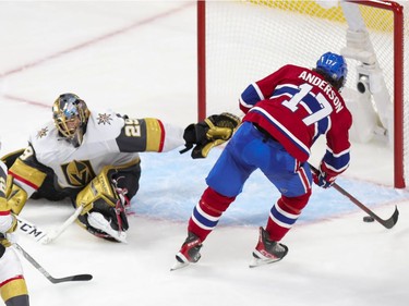 Canadiens' Josh Anderson shoots the puck past Vegas Golden Knights' Marc-André Fleury for the winning goal during overtime of a National Hockey League playoff game in Montreal on Friday, June 18, 2021.