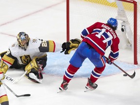Canadiens' Josh Anderson' beats Golden Knights' Marc-André Fleury for the winning goal during overtime Friday night at the Bell Centre.