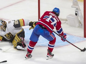 The Canadiens’ Josh Anderson has an empty net to score winning goal in overtime against Vegas Golden Knights goalie Marc-André Fleury after a perfect pass from Paul Byron in Game 3 of Stanley Cup semifinal series Friday night at the Bell Centre.