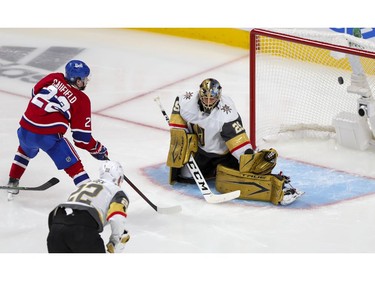 Canadiens' Cole Caufield shoots the puck past Vegas Golden Knights'  Marc-André Fleury for a goal during the second period of the National Hockey League playoff game in Montreal on Friday, June 18, 2021.