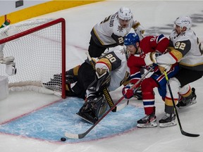 Canadiens' Corey Perry (94) missed a scoring opportunity against Vegas Golden Knights goaltender Robin Lehner during the first period NHL Stanley Cup semifinal action at the Bell Centre in Montreal on Sunday, June 20, 2021.
