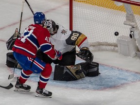 Canadiens' Paul Byron (41) scores against Vegas Golden Knights goaltender Robin Lehner late in the second period of NHL Stanley Cup semifinal action at the Bell Centre in Montreal on Sunday, June 20, 2021.