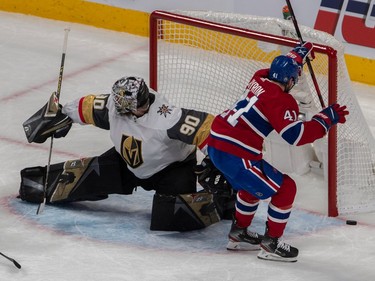 Canadiens' Paul Byron (41) scores against Vegas Golden Knights goaltender Robin Lehner (90) late in second period NHL Stanley Cup semifinal action at the Bell Centre in Montreal on Sunday, June 20, 2021.