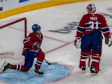 A dejected Montreal Canadiens goaltender Carey Price and teammate Jesperi Kotkaniemi (15) after being scored on by Vegas Golden Knights centre Nicolas Roy (10) during NHL Stanley Cup semifinal overtime against the Canadiens at the Bell Centre in Montreal on Sunday, June 20, 2021.