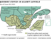 Map of Quebec with green COVID-19 alert levels and those going green on June 28