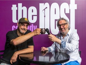 “At the time we made our decision to reopen, the best guess was that the Canadiens were going to lose to the Leafs, so it wasn’t even a consideration. Who knew?” says Comedy Nest co-owner David Acer, right, with comedian Joey Elias. “Now, we don’t think they’re going to lose to the Leafs. Our bad.”