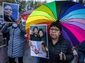 Joyce Echaquan, a 37-year-old Atikamekw woman died at Joliette hospital after she posted a video of slurs said by staff right before her death. A vigil was held in her honour in Saint-Charles-Borromee on Tuesday September 29, 2020. Dave Sidaway / Montreal Gazette ORG XMIT: 65082