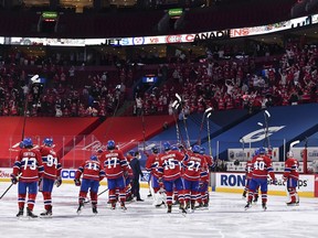 Canadiens player salute fans at the Bell Centre after beating the Winnipeg Jet 3-2 in overtime of Game 4 of North Division final to sweep the best-of-seven playoff series.