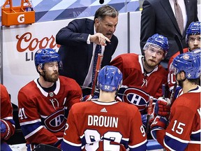 Interim head coach Kirk Muller of the Montreal Canadiens speaks to his team during a timeout against the Philadelphia Flyers during the third period in Game 3 of the Eastern Conference series at Scotiabank Arena on August 16, 2020, in Toronto.