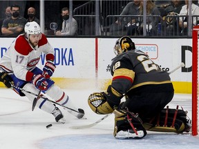 Canadiens' Josh Anderson is stymied by Golden Knights goalie  Marc-André Fleury during Game 1 Monday night in Las Vegas.