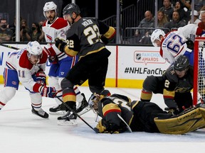 Marc-André Fleury of the Vegas Golden Knights makes the save against Brendan Gallagher #11 of the Montreal Canadiens during the first period in Game One of the Stanley Cup semifinals at T-Mobile Arena on June 14, 2021 in Las Vegas, Nevada.