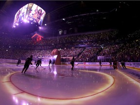 A fisheye lens image of the Vegas Golden Knights taking to the ice for Game 1 of the Stanley Cup Semifinals against the Montreal Canadiens at T-Mobile Arena on June 14, 2021 in Las Vegas.