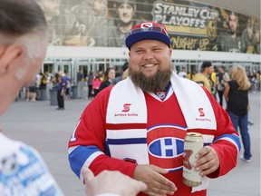 Canadiens fan Jean-Phillipe Dupuis greets other Montreal fans ahead of Game 2 of Stanley Cup semifinal series against the Golden Knights outside T-Mobile Arena in Las Vegas.