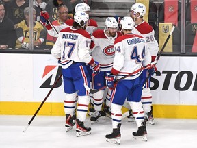 Paul Byron #41 of the Montreal Canadiens is congratulated by his teammates after scoring a goal against the Vegas Golden Knights during the second period in Game Two of the Stanley Cup Semifinals during the 2021 Stanley Cup Playoffs at T-Mobile Arena on June 16, 2021 in Las Vegas, Nevada.