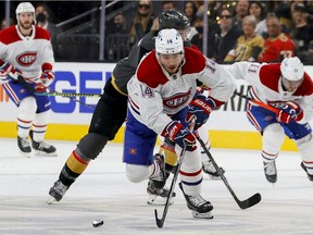 Canadiens' Nick Suzuki carries the puck against the Golden Knights during the third period of Game 2 Wednesday night in Las Vegas.