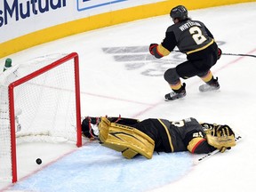 Marc-André Fleury #29 of the Vegas Golden Knights reacts after allowing a goal to Cole Caufield (not pictured) of the Montreal Canadiens during the second period in Game 5 of the Stanley Cup Semifinals of the 2021 Stanley Cup Playoffs at T-Mobile Arena on June 22, 2021 in Las Vegas, Nevada.