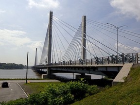 The Olivier Charbonneau Bridge over Highway 25 connects Montreal's Rivière-des-Prairies—Pointe-aux-Trembles borough to Laval.