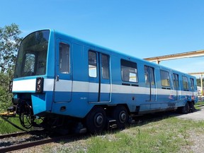 A photo published June 7, 2021, shows the STM's first MR-73 train, No. 79-501, at the factory in La Pocatière where it was built half a century ago.