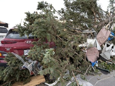 A car is partially crushed after being pushed several feet by a large uprooted tree after a tornado struck in Mascouche north of Montreal on Monday, June 21, 2021.