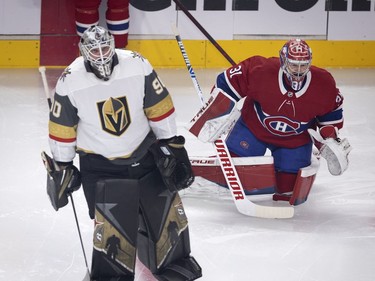 Vegas Golden Knights goaltender Robin Lehner (90) and Montreal Canadiens goaltender Carey Price (31) take part in the pregame warmup skate during NHL semi final game 6  in Montreal on Thursday, June 24, 2021.
