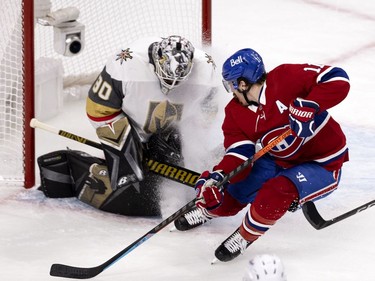 Brendan Gallagher (11) waits for a rebound off Vegas Golden Knights goaltender Robin Lehner (90) during NHL semi final game 6  in Montreal on Thursday, June 24, 2021.