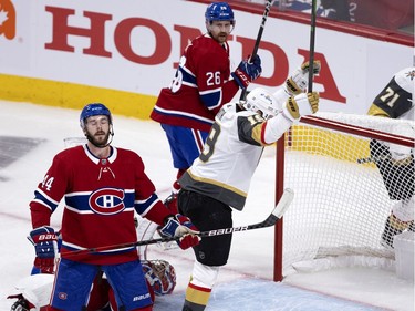 Joel Edmundson (44) reacts after Vegas' Reilly Smith (19) scored to tie the game during NHL semi final game 6  in Montreal on Thursday, June 24, 2021.