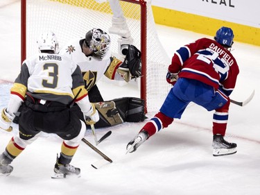 Vegas Golden Knights goaltender Robin Lehner (90) looks back in his net to see Cole Caufield (22) beat him to bring the game to 2-1 Habs during NHL semi final game 6  in Montreal on Thursday, June 24, 2021.