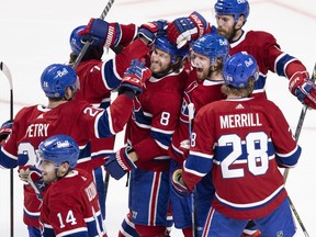 Montreal Canadiens celebrate scoring the winning goal against Vegas Golden Knights to advance to the Stanley Cup final in Montreal on Thursday, June 24, 2021.